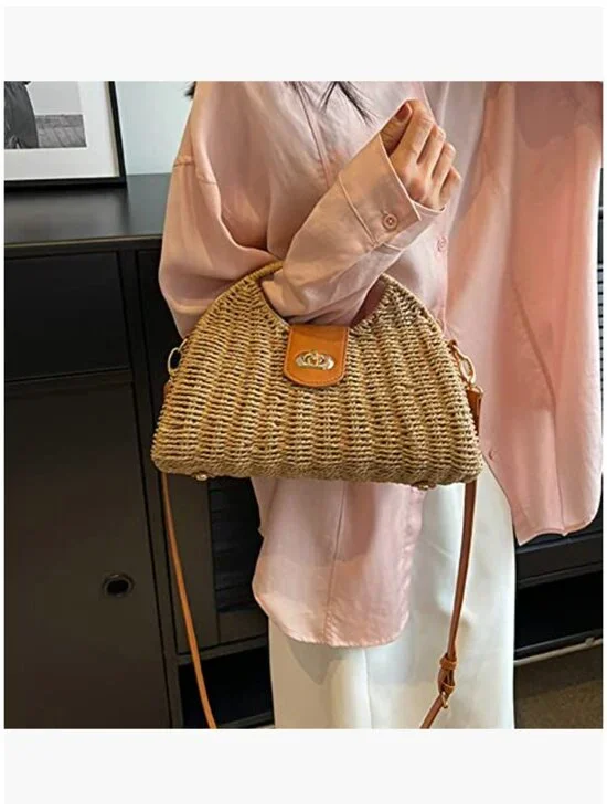 Handwoven Straw Crossbody Tote Bag with Rattan Top Handle - Picture 6 of 7